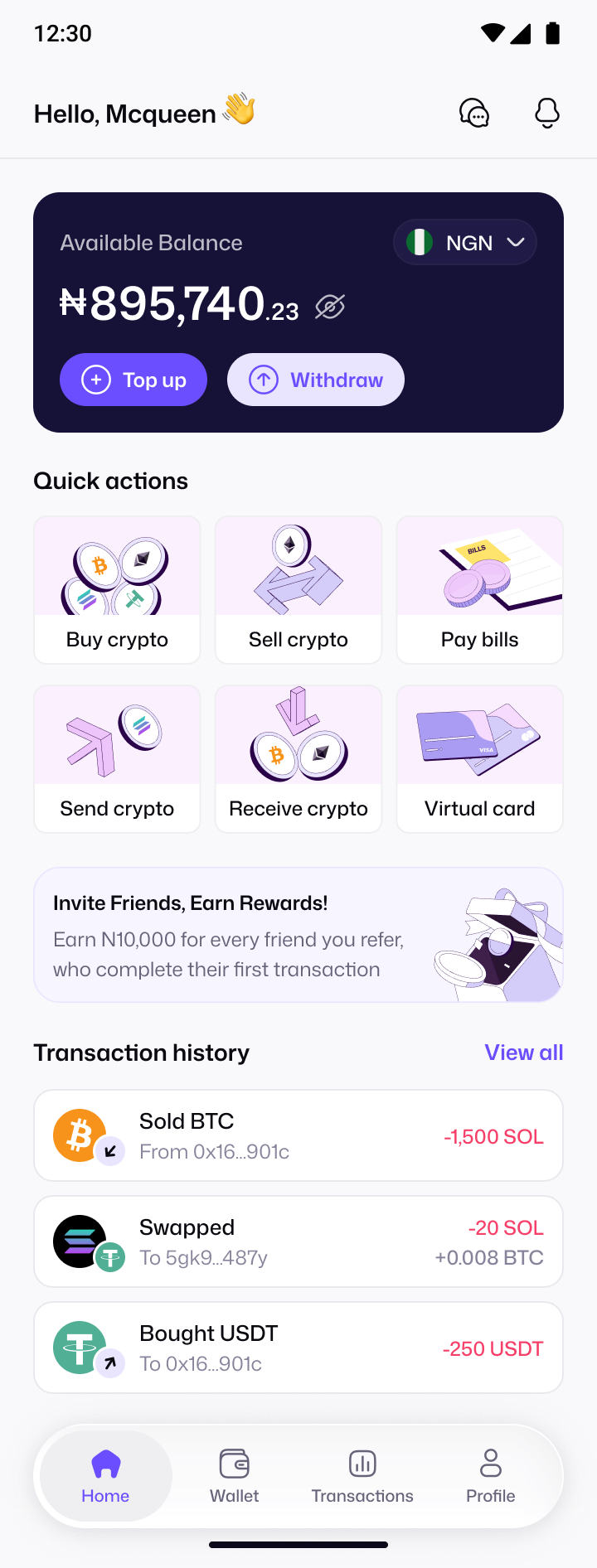 Pyker home screen with wallet balance and quick actions